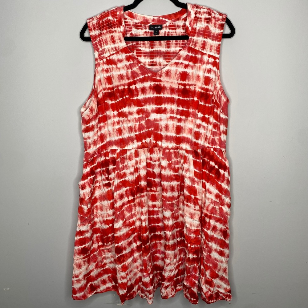 Torrid‎ Red White Tie Dye Smocked V Neck Sleeveless Dress Size 2X Pockets